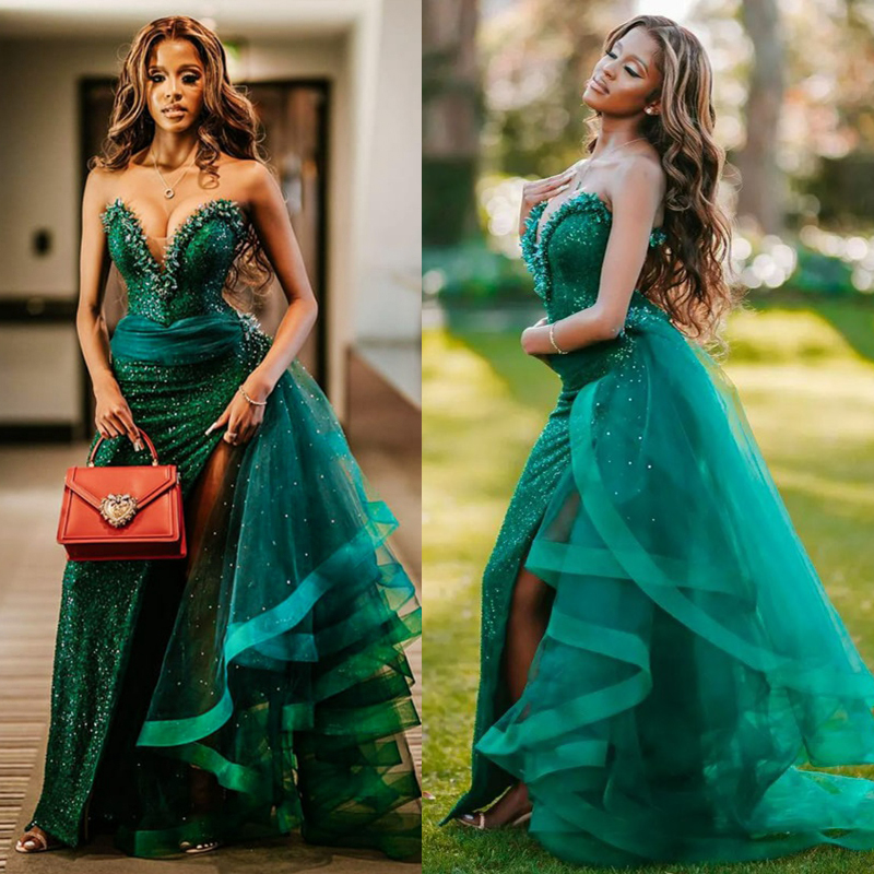 Gratis verzending Emerald Galajurken Sweetheart Hals Kant Kralen Kristallen met Wrap Slit Lange Trein Elegante Avondjurk Prachtige Feestjurken