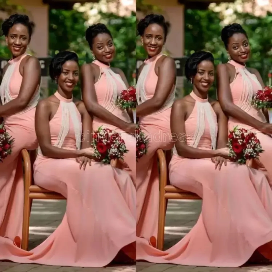 New African Blush Pink Mermaid Bridesmaid Dresses Pearls Halter Neck Pearls Floor Length Plus Size Maid of Honor Gowns