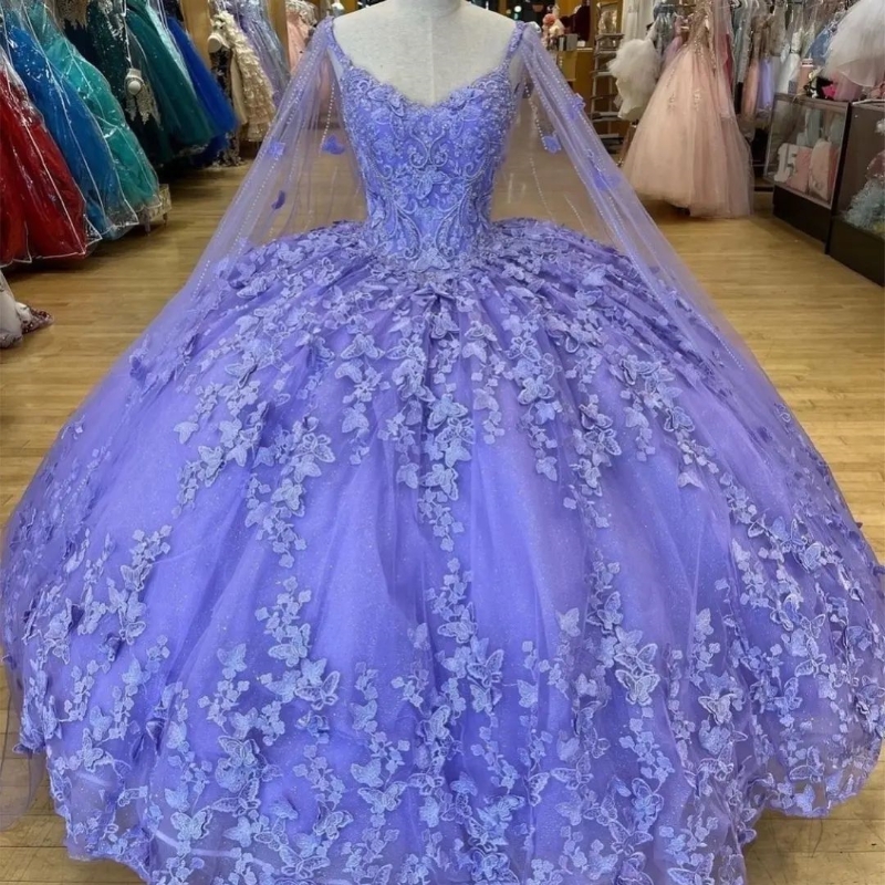 Lavender Shiny Quinceanera Dresses Tulle Applique Bow Beads With Cape Brithday Dance Party Sweet 16 Dress Vestido De 15 Anos