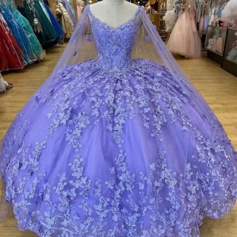 Vestidos quinceanera brilhantes de lavanda, vestido de tule com apliques de laço e capa, festa de aniversário, doce 16, vestido de 15 anos