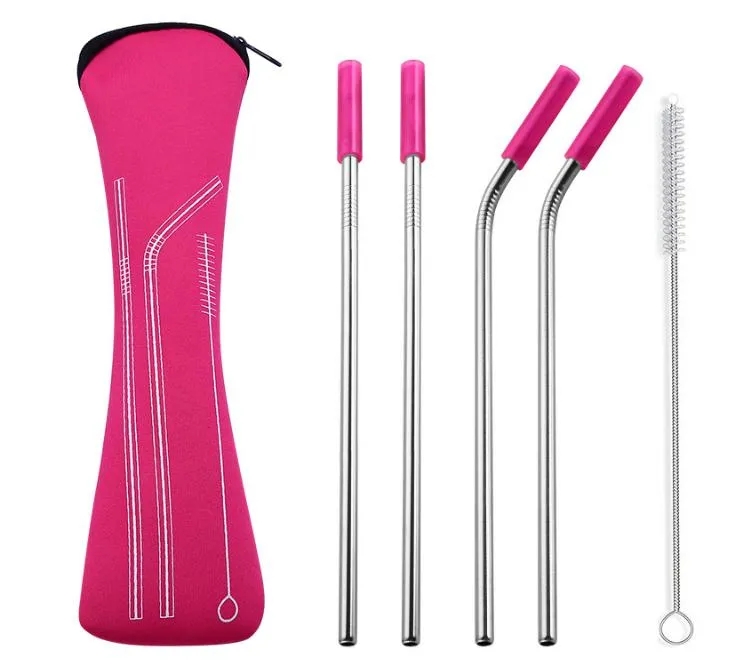 Stainless Steel straw bendable Sets With Pouch Bag Colorful Metal Straw With Silicone Tip Reusable Juice Straw Bar Tools 