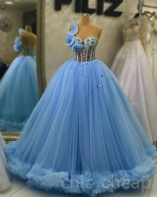 2023 April Aso Ebi Beaded Crystals Quinceanera Dresses Sky Blue Sheer Neck Ball Gown Tulle Prom Evening Party Pageant Birthday Gowns Dress ZJ0240