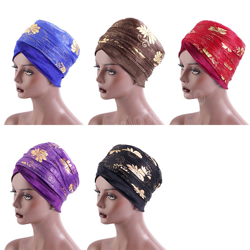 Women African Turban Hat Muslim Wrapped Scarf Beanie Cap Golden Print Ethnic Style Hijab Care Cap