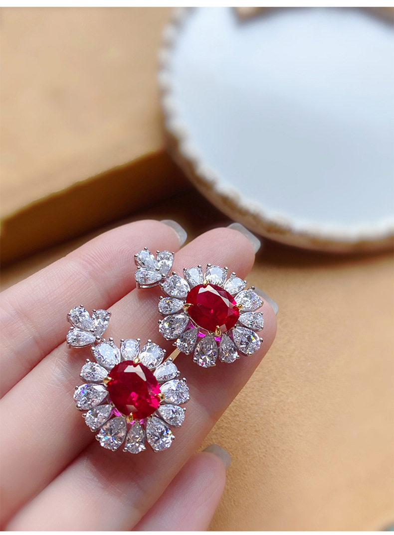 Flower Ruby Diament Zestaw biżuterii 925 Srebrny Biejou Wedding Kolczyki Bransoletka Naszyjnik dla kobiet biżuteria dla kobiet