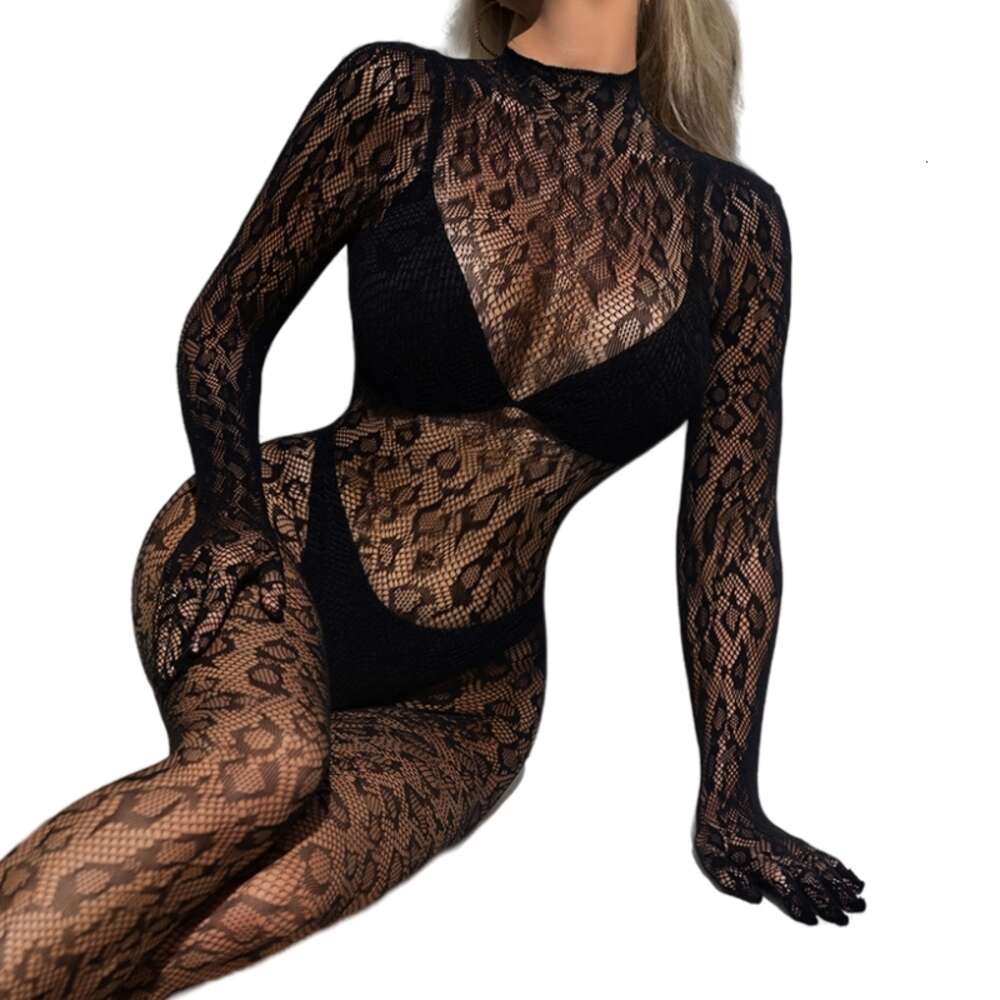 Vintage Leopard Leotard Jumpsuit Kvinnor Sexig fisknät Transparent underkläder Lång ärm i hela kroppen