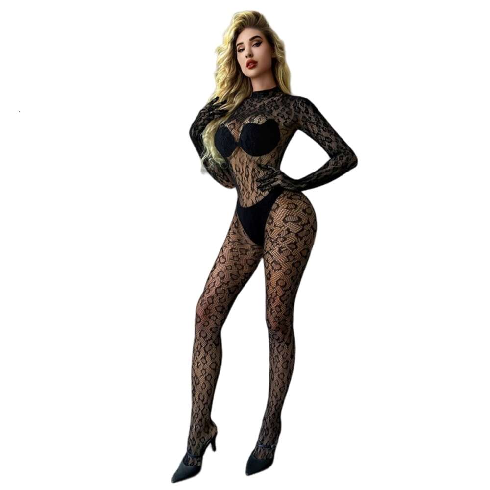 Vintage Luipaard Turnpakje Jumpsuit Vrouwen Sexy Visnet Transparante Lingerie Lange Mouw Full Body Kousen Erotische Cosplay Kostuums