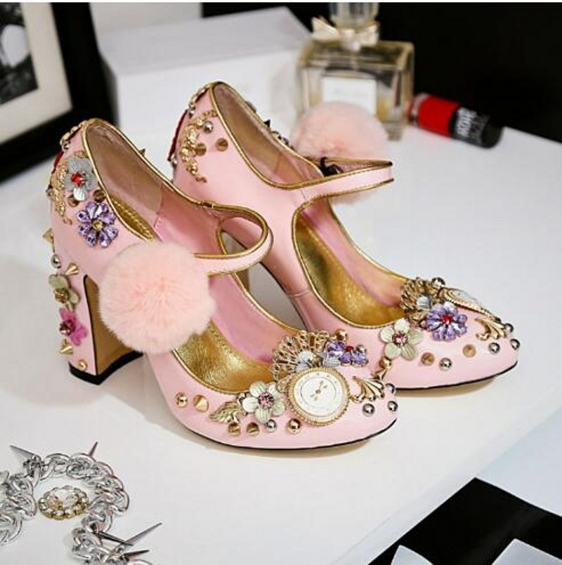 Золотой розовый серебряный серебряный серебряный защитник женщины винтаж Мэри Джейн обувь заклепки с розовым ростом модные каблуки.
