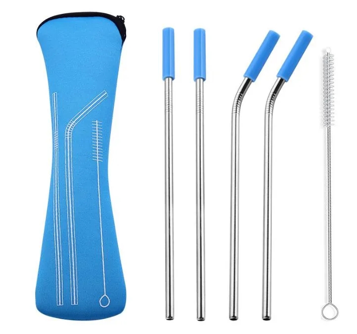 Stainless Steel straw bendable Sets With Pouch Bag Colorful Metal Straw With Silicone Tip Reusable Juice Straw Bar Tools 