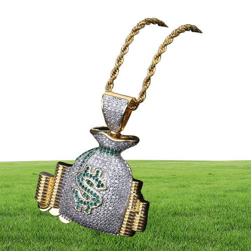 New Micro Paved Cubic Zirconia Money Bag Pendant Necklace Copper Gold Color Punk Jewelry for Men Women7379407