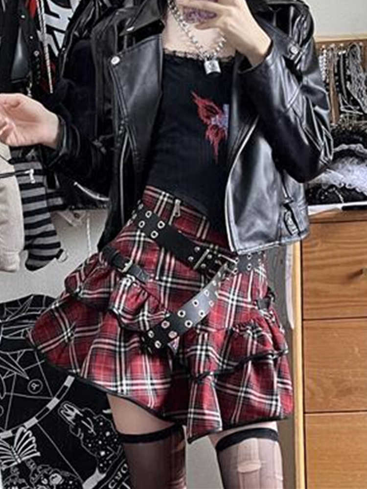 Kjolar altgoth punk gothic röd rutig kjol kvinnor vintage y2k e-girl emo alt hög midje kaka kjol harajuku fairycore grunge klubbkläder p230422