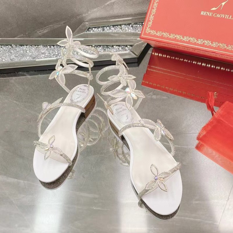 RENE CAOVILLA Summer Hollow Women`s Sandals Genuine Leather Toe Runway Party Fashion crystal Sandals Low-heeled design Low-heeled pinch Sandals with box 35--43 size