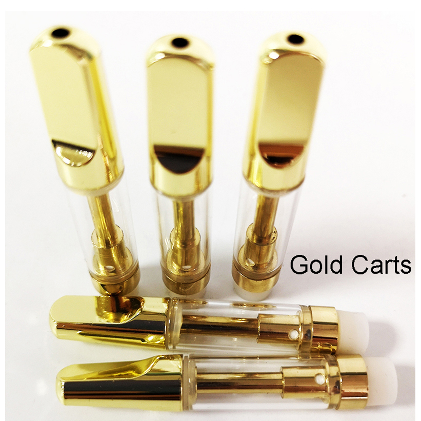 Chariots d'or Embouchure en métal Cartouches de vape de couleur or 1 ml E-cigarette Atomiseurs d'huile épais vides Vis plate dans la pointe Bobine en céramique 510 fil Atomiseur Logo personnalisé