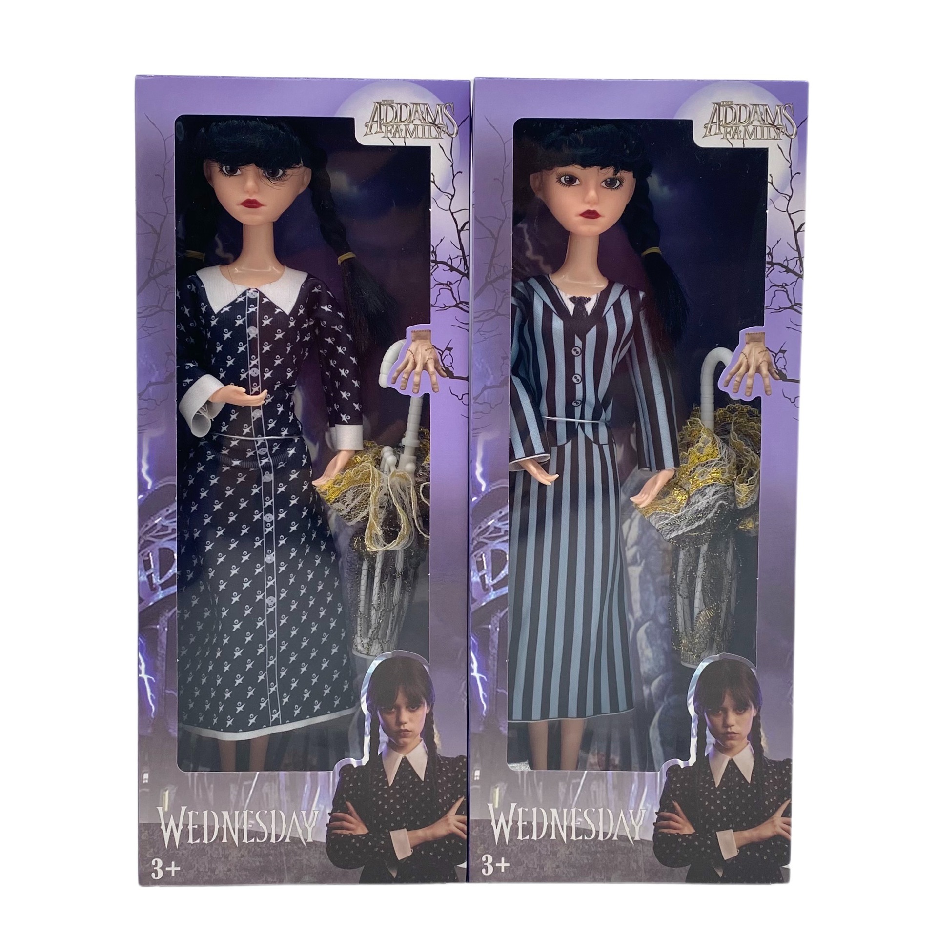 Loofamy Mercoledì Bambole Addams, Bambola di plastica della famiglia Addams, 11,5 pollici, Abito a righe a maniche corte, Regali di compleanno per i fan delle ragazze dei bambini