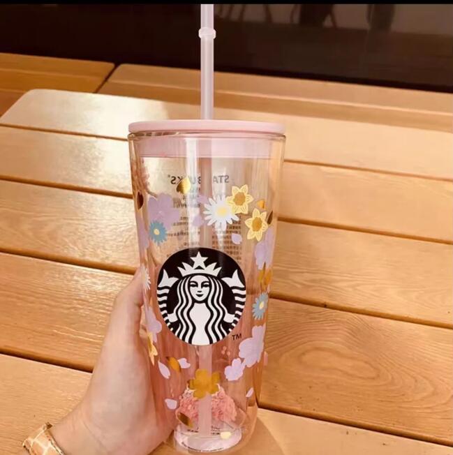 Versão de design de alta qualidade criativa drinkware starbucks caneca rosa flor de cerejeira de grande capacidade copo de vidro com copo de palha