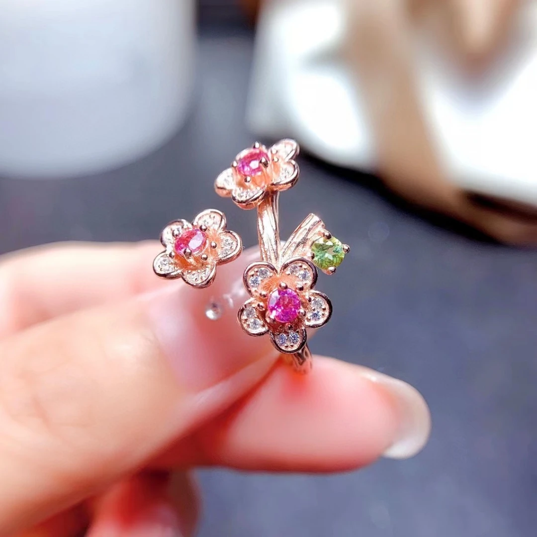 18K Gold Plating Pink Tourmaline Ring Total 0.3ct 3mm Natural Tourmaline Jewelry 925 Silver Flower Ring for Daily Wear