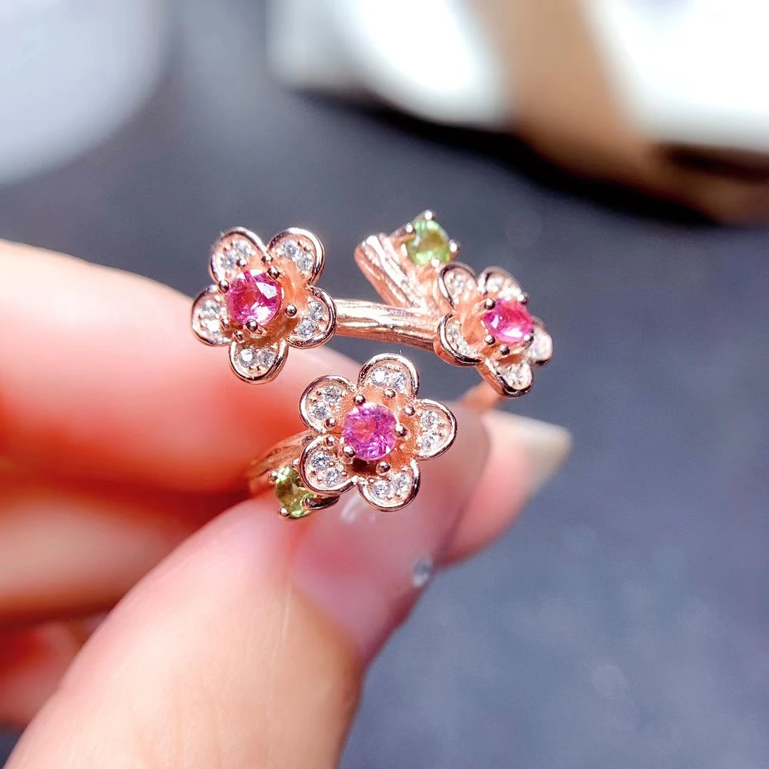 Anillo de turmalina rosa chapado en oro de 18 quilates, joyería de turmalina Natural de 0,3 quilates y 3mm, anillo de flor de plata 925 para uso diario
