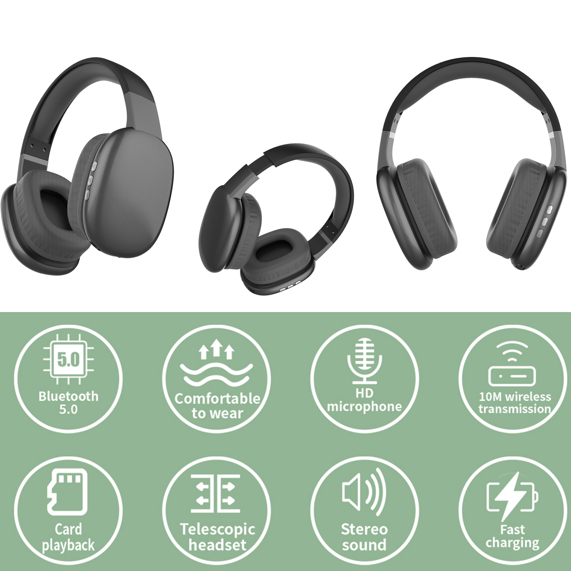 Casque ultra sans fil avec micro rechargeable sur l'oreille Bluetooth avec 10 heures de lecture, emplacement SD, fil de secours - casque à coussin doux