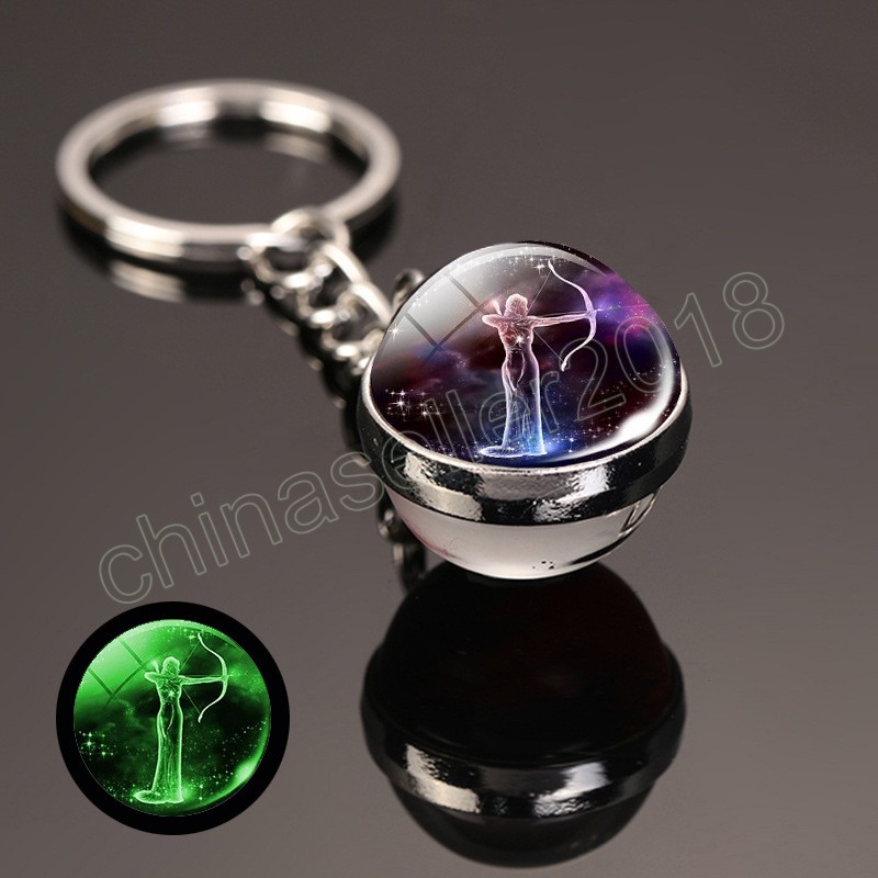 Luminous 12 Constellation Glass Ball Key Pierścienie dwustronne zodiakowe klęcznik Blask w ciemności dla kobiet Prezent urodzinowy