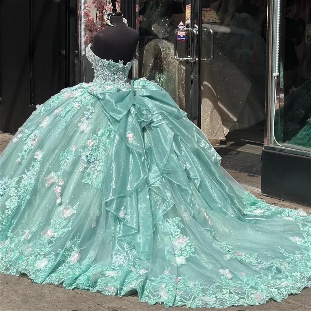 Sage Green Floral Appliques Ball Gown Quinceanera Dresses 2024 Bow Sweetheart Beads Corset Vestidos de 15 anos 생일 가운