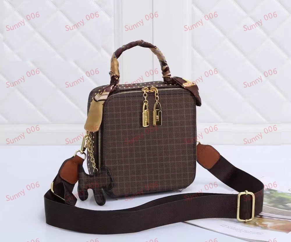 Bolsa de ombro com zíper duplo pequena borla pingente sacola designer impressão grade tronco sacos maleta fita de luxo embrulhado alça única bolsa para laptop