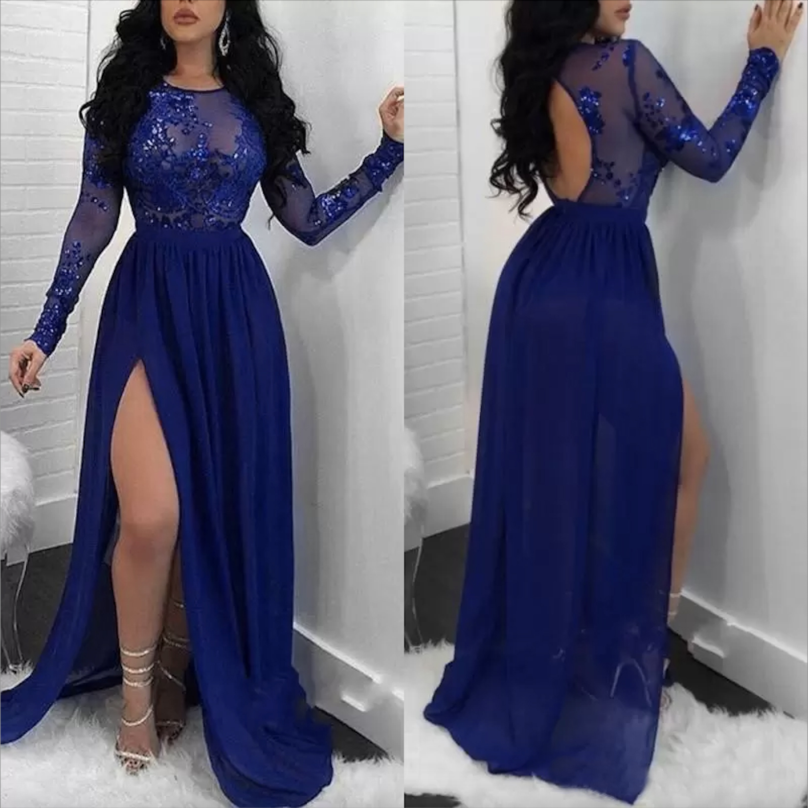 Sexy Royal Blue Appliques Evening Dresses Long Sleeves Chiffon Mermaid Prom Dress Side Split Evening Gowns Backless Sequins Jewel