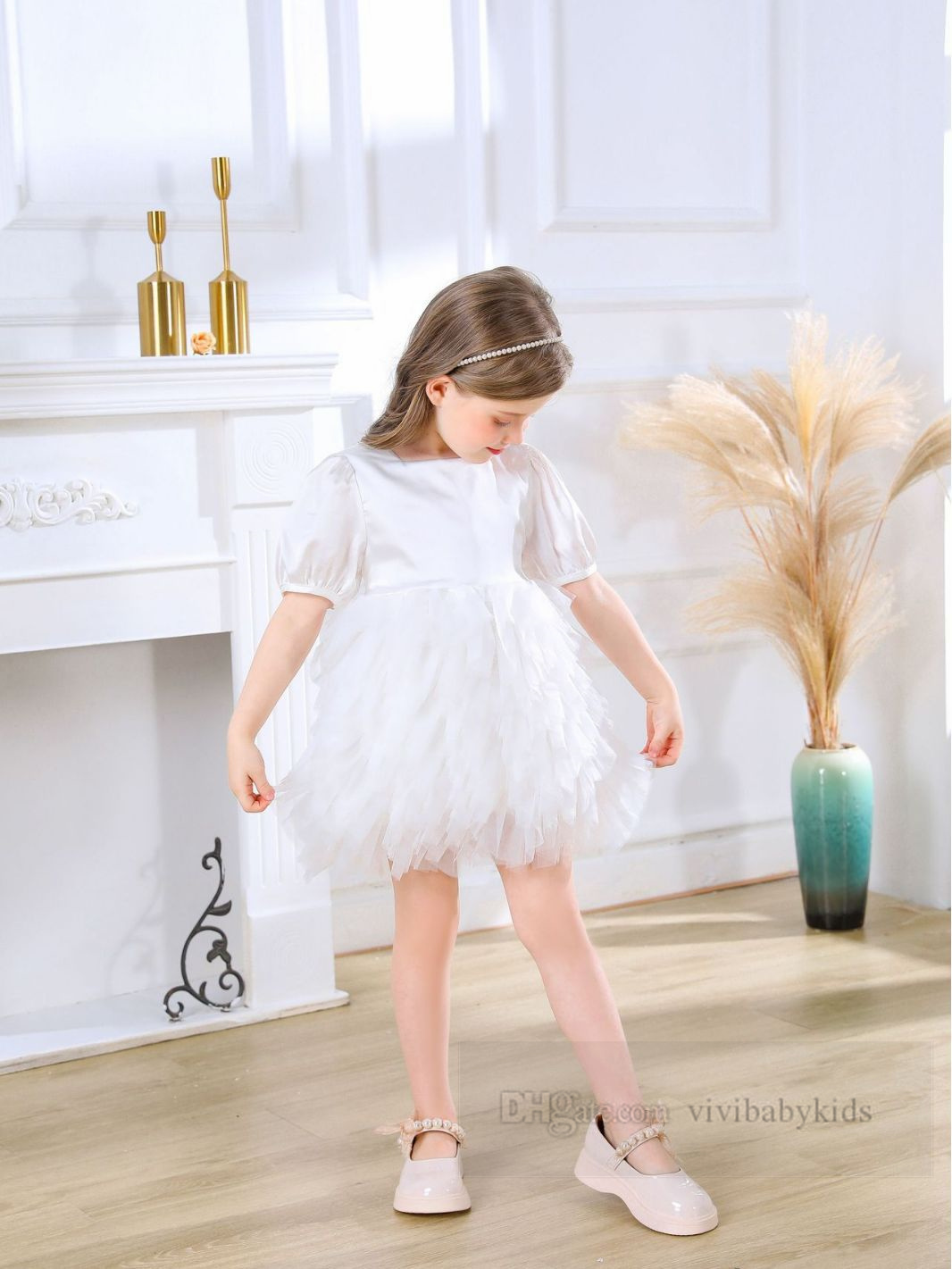 Enfants dentelle tulle tutu robes robe de bal filles col carré manches bouffantes robe de princesse enfants anniversaire piano performance vêtements Z5555