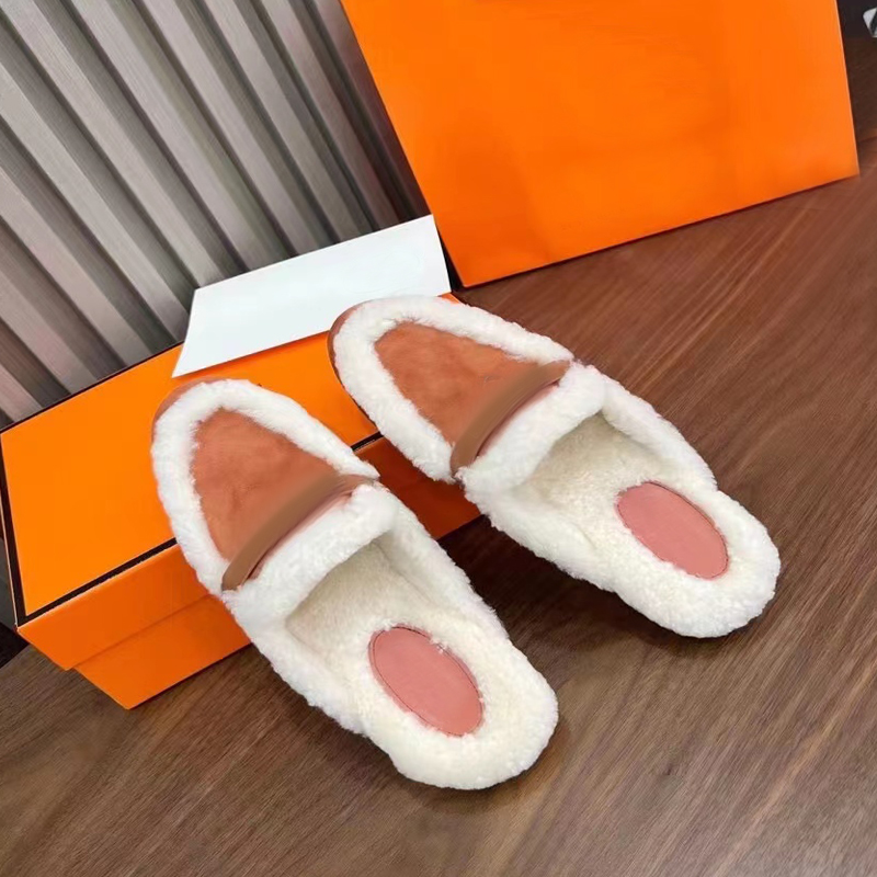 winter wool slippers Designer womens shoes Lazy Flat boots Baotou Flip flops Warm plush slipper lady Slides Suede with fur shoe Large size 35-41-42 With box leather