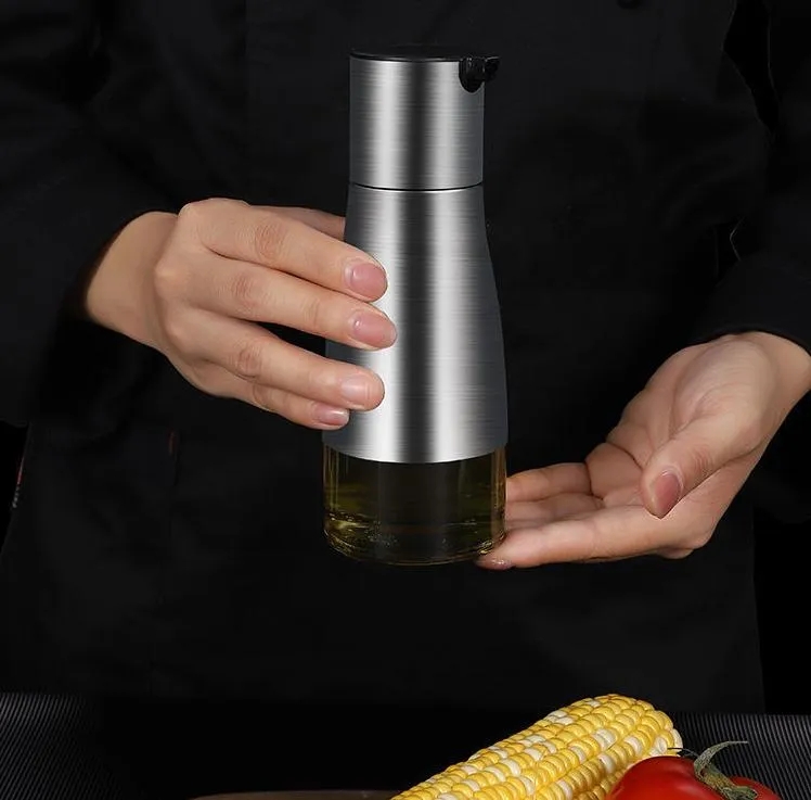 Stainless Steel Glass Olive Oil Dispenser, Vinegar and Soy Sauce Bottle Controllable No Drip Design 11oz/320ml dh865