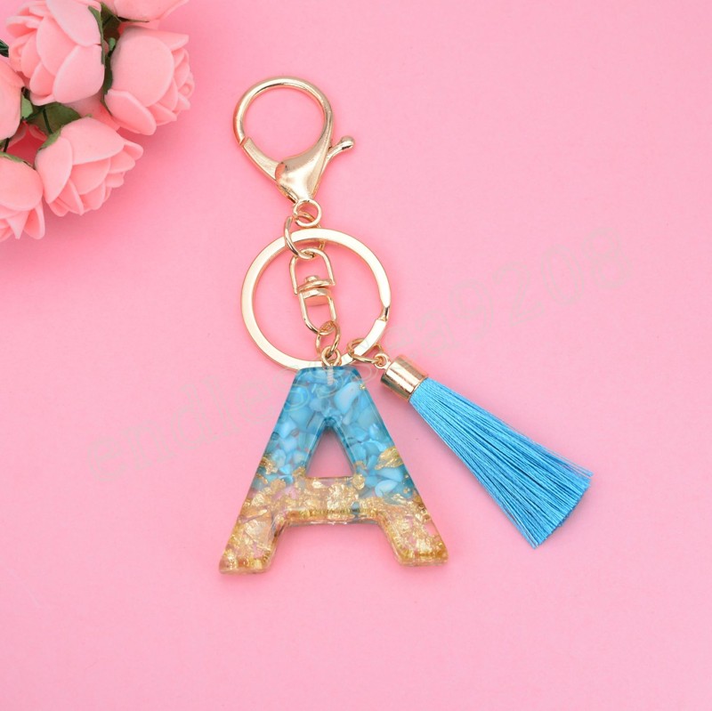 Colgante de llavero Simple de 26 letras con borla azul para niñas, adorno colgante para bolso, iniciales de A-Z, accesorios para llaves de resina