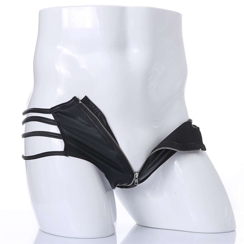 Roupa íntima sexy masculina, lingerie exótica de couro sintético com zíper, trajes de fetiche vazados, bondage, tanga jockstrap