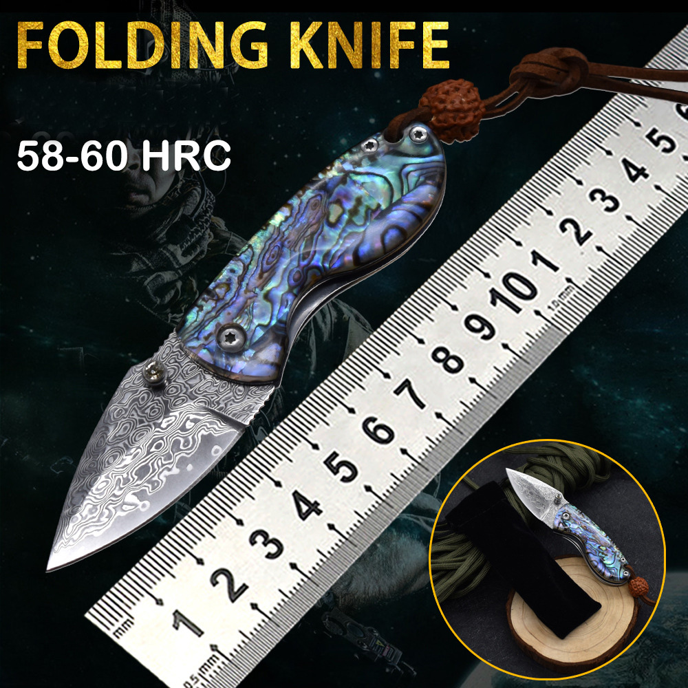 Factory Price A1902 Folding Knife Damascus Steel Blade Abalone shell/Stainless Steel Handle EDC Pocket Folder Knives Best Gift For Children
