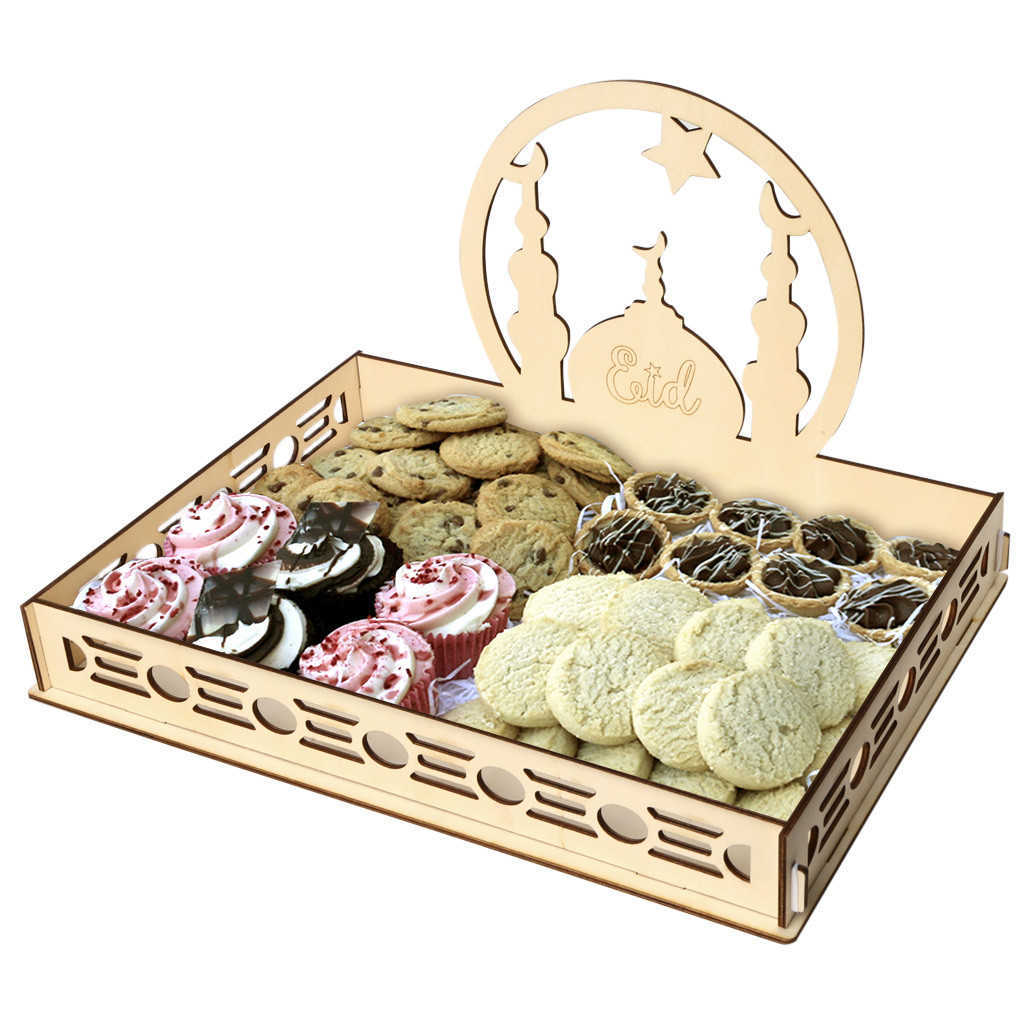 New Wooden Eid Mubarak Food Tray Ramadan Decoration for Home Cake Display Islam Muslim Party 2023 Ramadan Kareem Eid Gifts