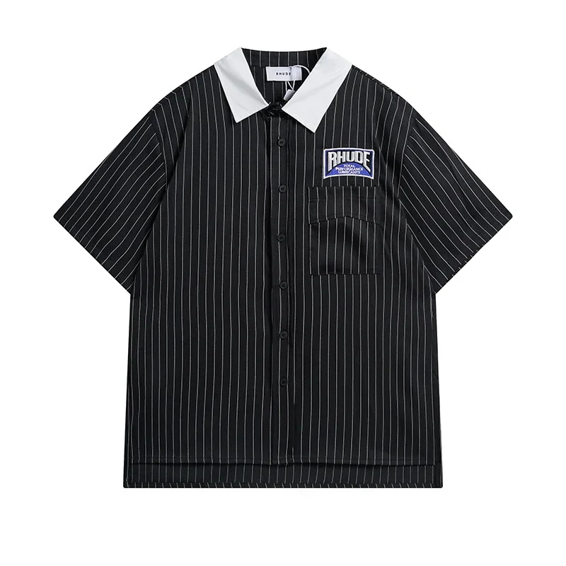 24SS Oversized Stripe Lapel Shirts Men Women Loose Patch Embroidery Brown Green White Black Short Sleeve