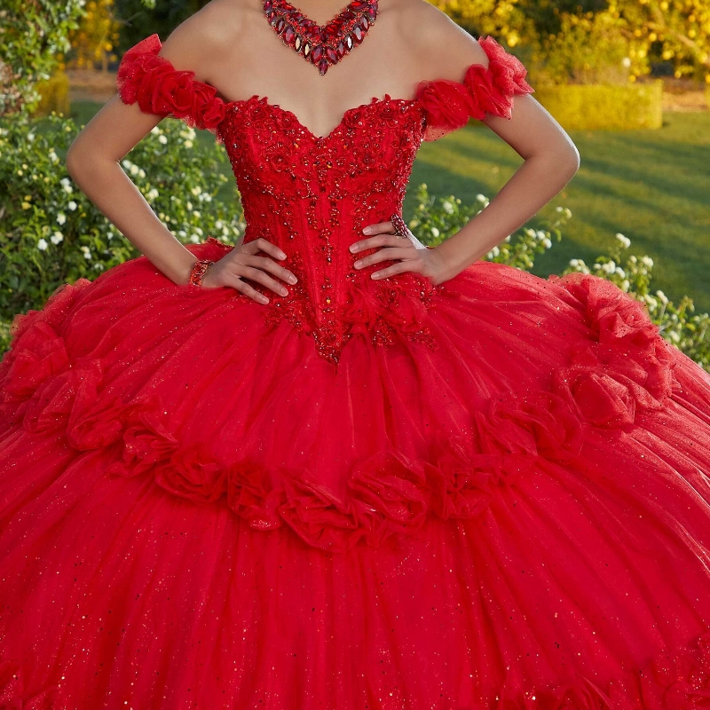 Rotes, glänzendes Quinceanera-Kleid, süßes Perlen-Spitze-Blumen-Tüll, schulterfrei, 16-jähriges Mädchen, Prinzessin, Geburtstagsfeier, Ballkleid