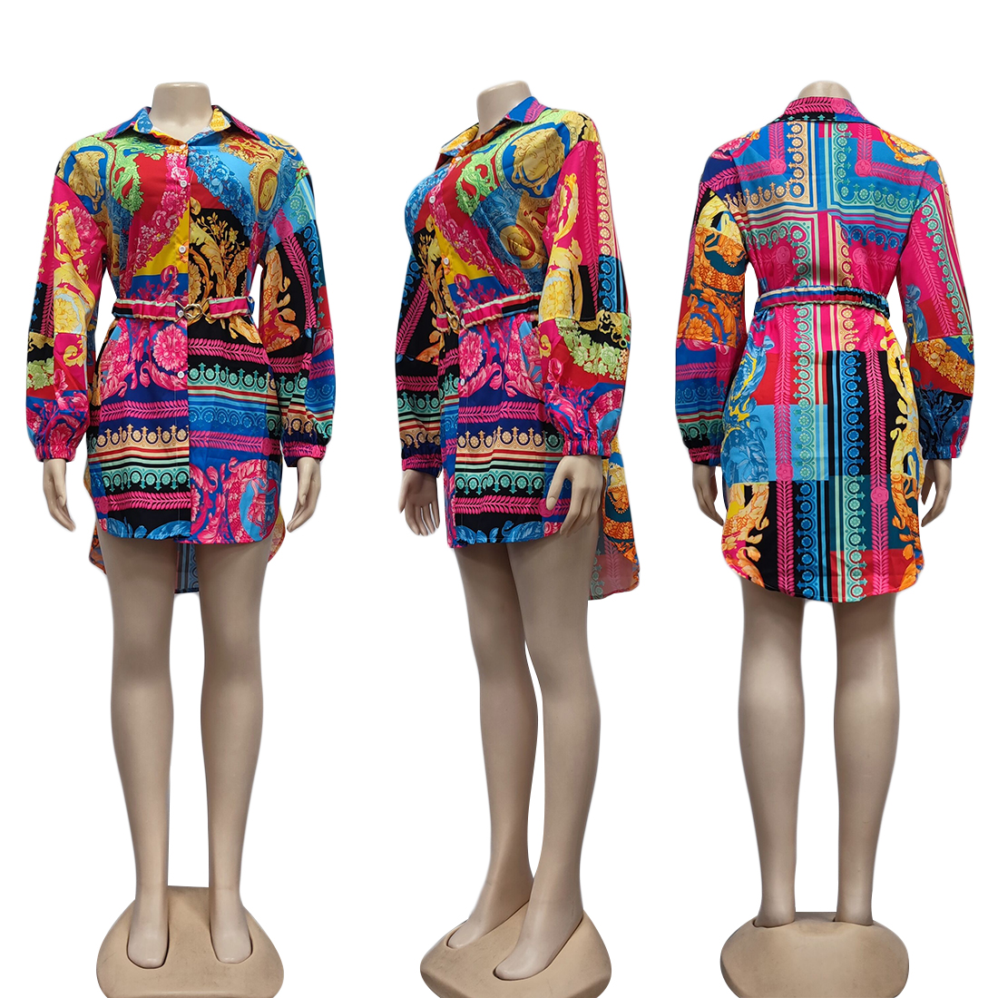 Shirt Dresses Women Designer Print Lapel Neck Long Sleeved Tunic Dress with Sashes Free Ship