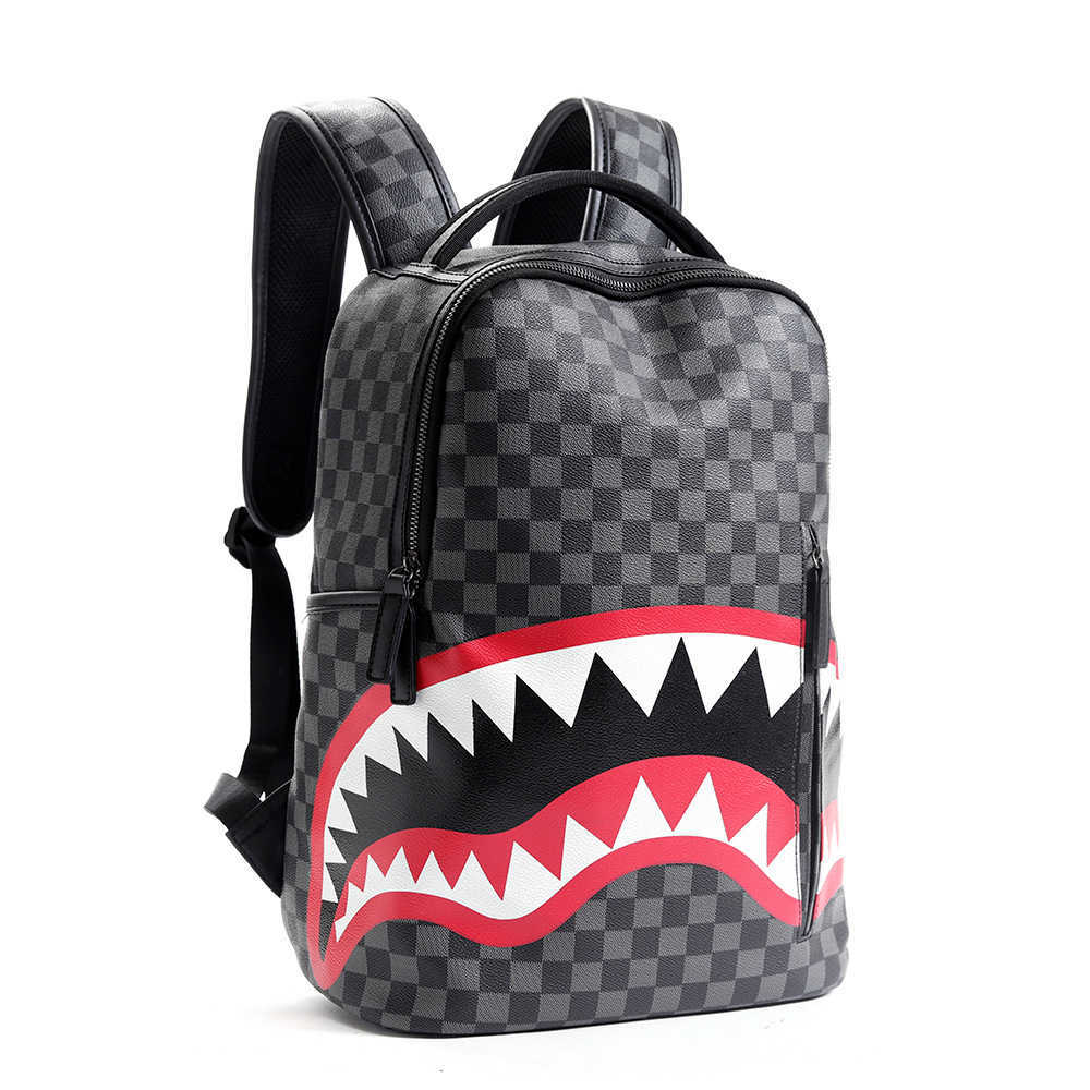 2023 New Men 's Shark Pattern High Appleg Plaid Backpack College 학생 트렌드 여가 여행 배낭 배치 230423