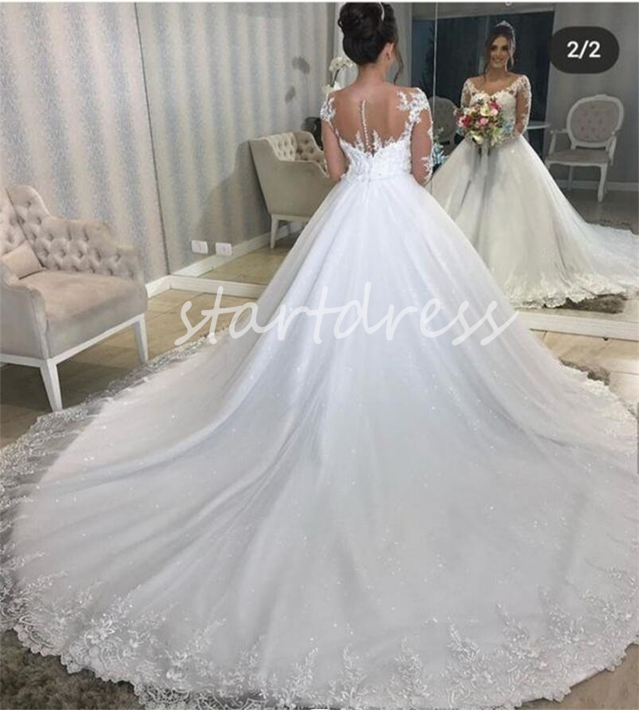 Prinzessin weißes Ballkleid-Hochzeitskleid mit Applikationen Spitze Sexy V-Ausschnitt Langarm rückenfrei Garten Land Bauernhof Brautkleid Kirche Vestios De Novia Robe Mariage 2024