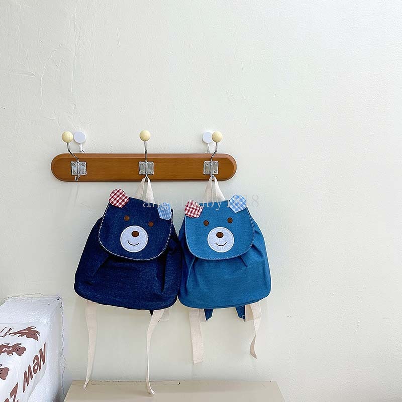 Simples dos desenhos animados urso crianças pequena mochila retro design denim meninos crianças cor sólida bebê meninas bolsa de ombro