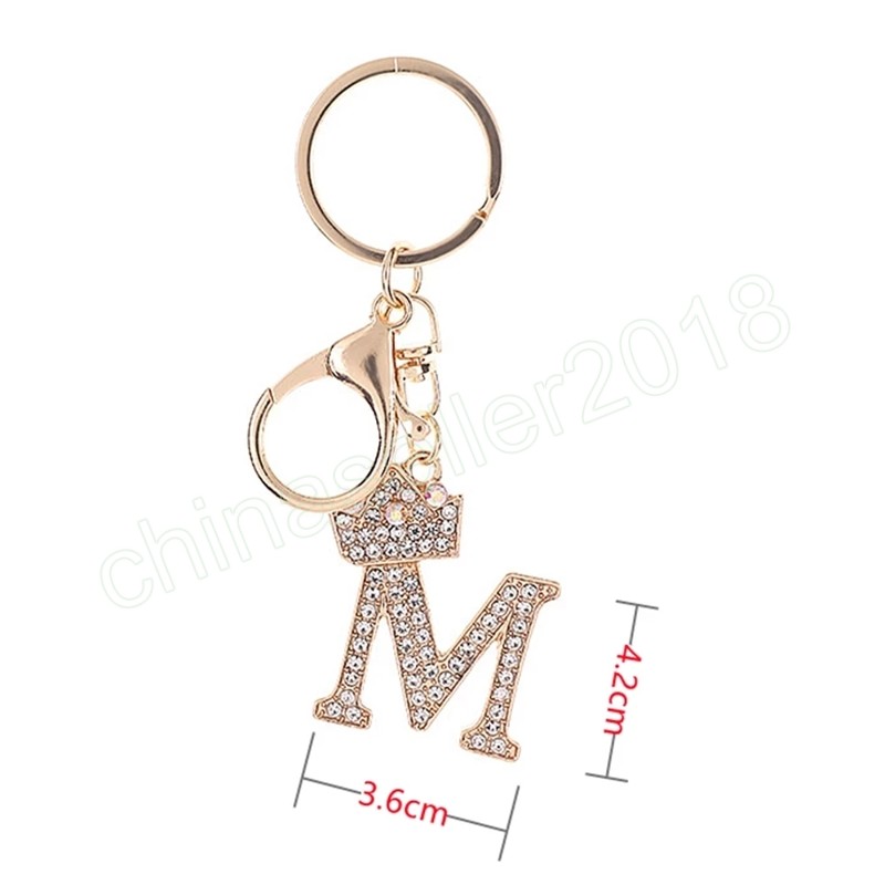 Luxe Rhinestone Crown 26 Letters Car Keychain Accessories Creative A-Z Initialen Gold Keyring Women Bag ornamenten