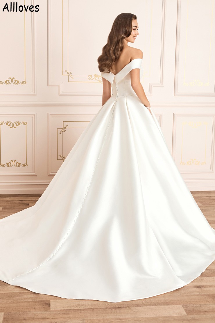 현대 아이보리 새틴 신부를위한 라인 웨딩 드레스 어깨에서 섹시한 어깨에 우아한 간단한 간단한 보헤미안 가운 플러스 크기 버튼 뒷면 리셉션 파티 드레스 로브 CL2195