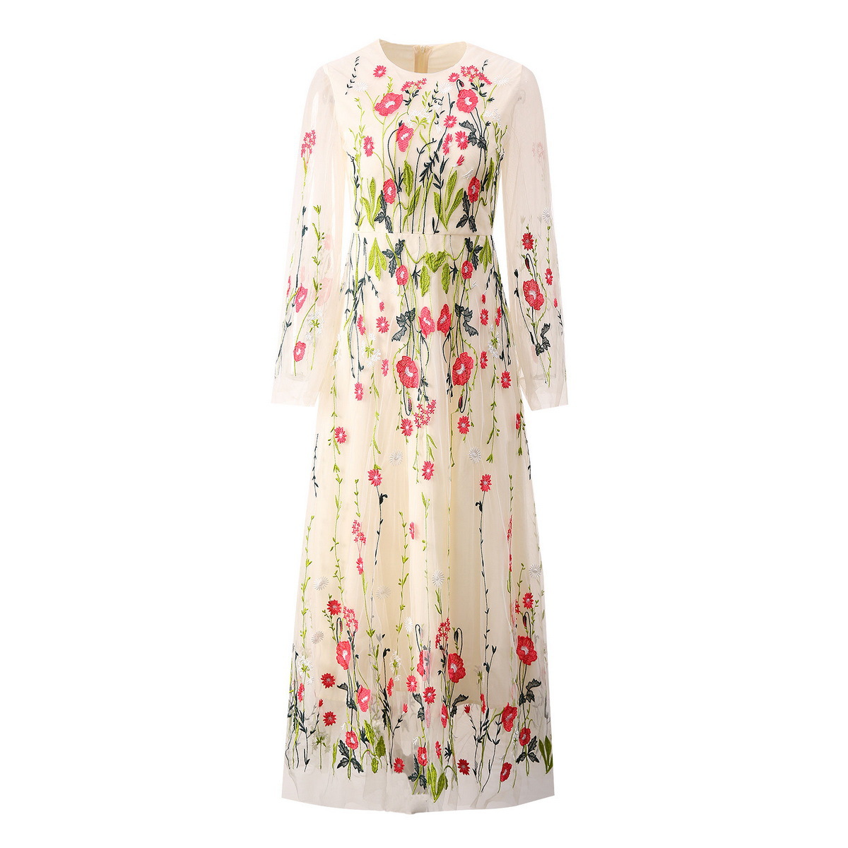2024 Spring Multicolor Tulle Floral Embroidery Dress Long Sleeve Round Neck Panelled Long Maxi Casual Dresses S3N121102