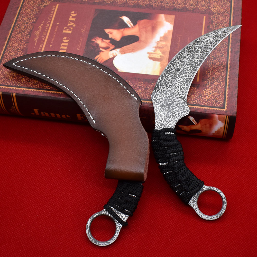 Yeni Varış A1901 Karambit Bıçak 420c Lazer Desen Bıçağı Tam Tang Paracord Saplama Sabit Bıçak Taktik Pençe Bıçakları Deri Kılıflı