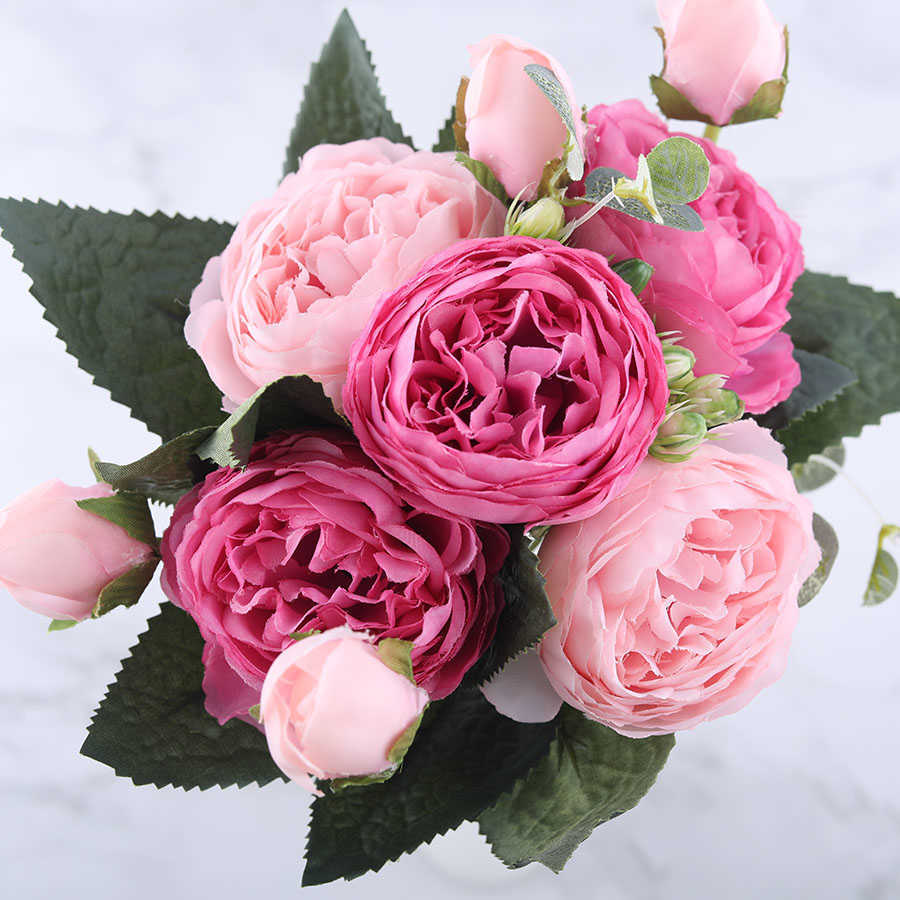 NYA 30 cm Rose Pink Silk Peony Artificial Flowers Bouquet 5 Big Head och 4 Bud Chill Fake Flowers For Home Wedding Decoration Inomhus