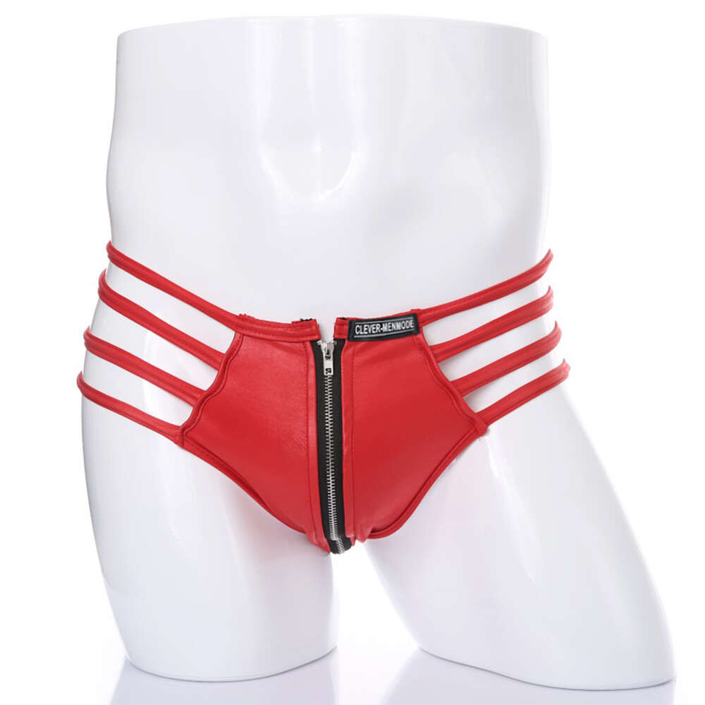 Roupa íntima sexy masculina, lingerie exótica de couro sintético com zíper, trajes de fetiche vazados, bondage, tanga jockstrap