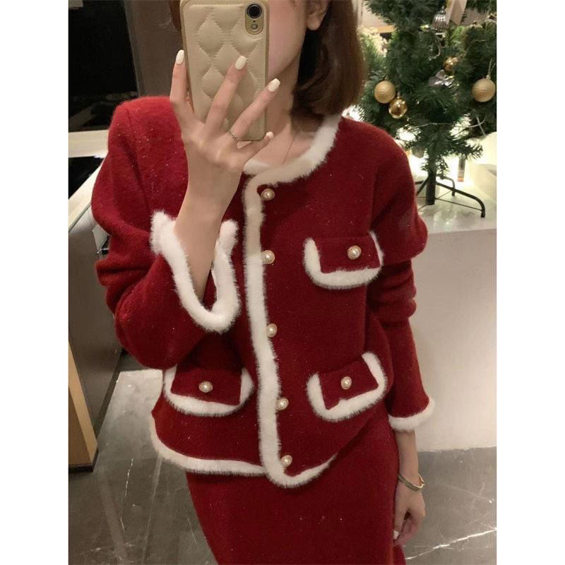 Kadınlar O yaka sahte kürk yamalı örgü uzun kollu Noel Yeni Yıl Kırmızı Lurex Sweater ve Etek Twinset Elbise Takım Smlxlxxl