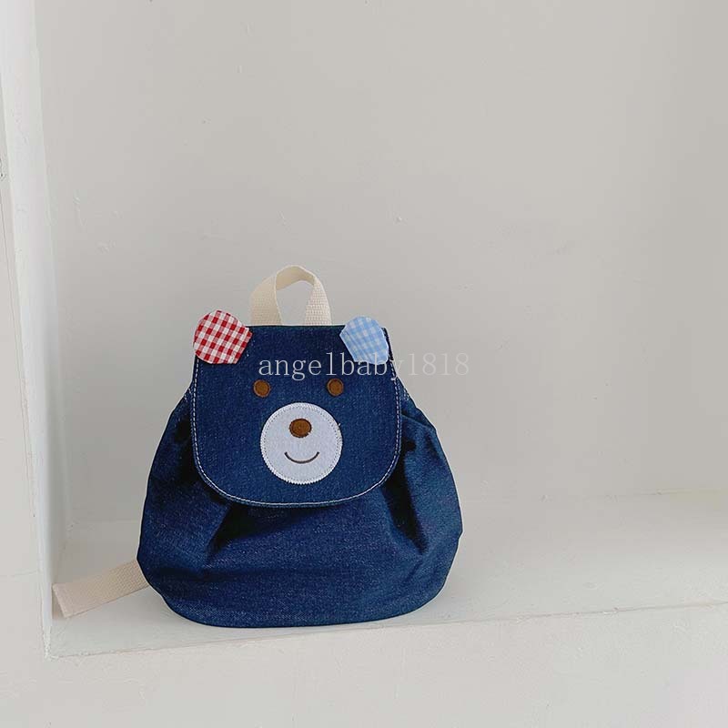 Simples dos desenhos animados urso crianças pequena mochila retro design denim meninos crianças cor sólida bebê meninas bolsa de ombro