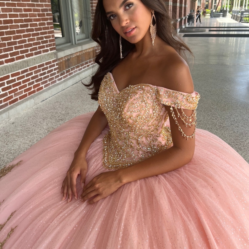 Pink Shiny Quinceanera Dresses for Sweet 15 Year Sexy Off the Shoulder Puffy Ball Gown Gold Lace Appliques Beads Princess Gowns