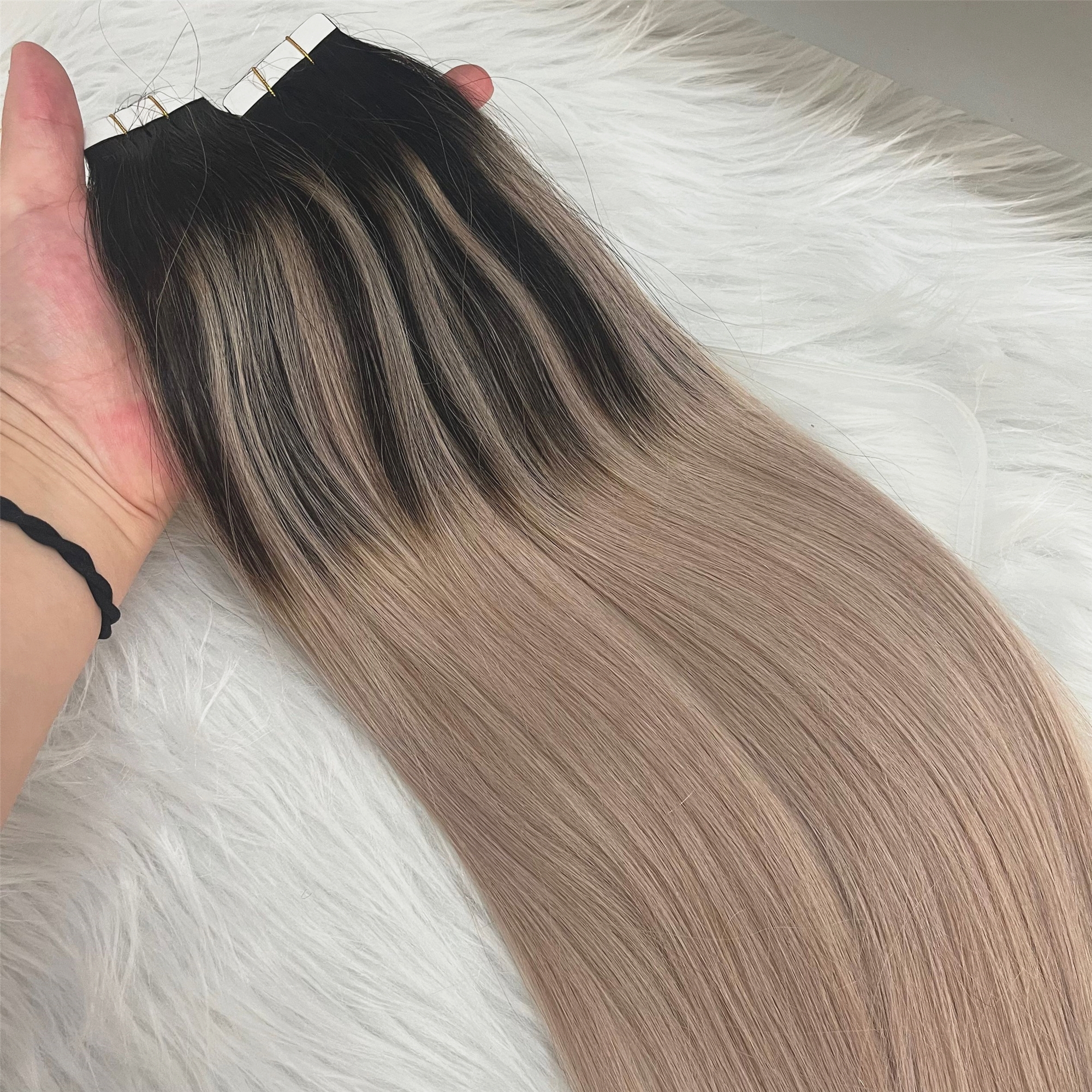 Ombre Tape in Human Hair Extensions Black Fading to Ash Blonde Balayage Seamless Tape on Hair Extension 100g/