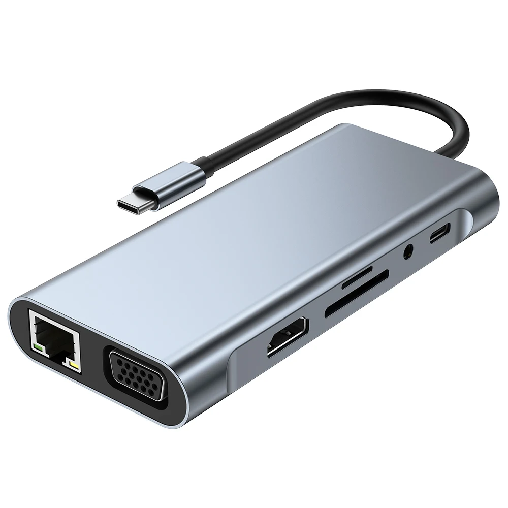 11-в-1 USB C Hub 3.0 Type C Док-сплиттер Многопортовый адаптер RJ45 SD/TF VGA PD для ноутбука MacBook iPad xiaomi