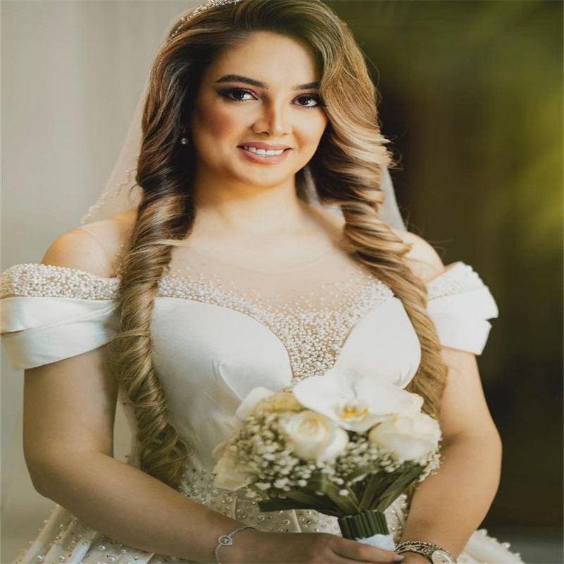 Elegant Ball Gown Pearls Wedding Dress 2023 Satin Beaded Plus Size Country Bridal Gowns Zipper Arabic Garden Civil Vestido De Noiva Beautiful Boho Bride Dress